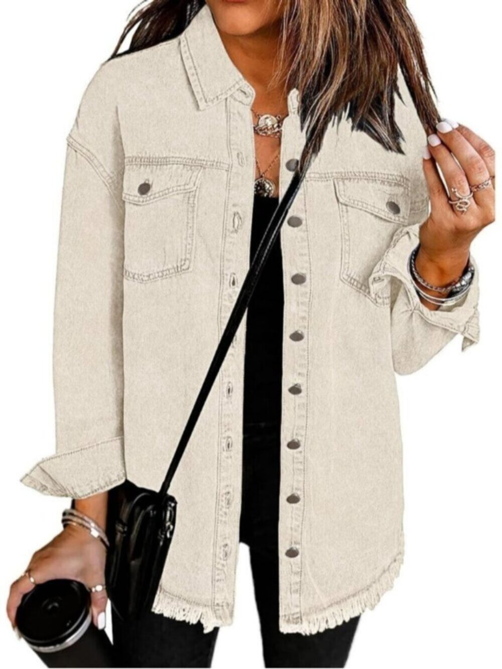 Women's Cream Oversized Drop Shoulder Button Up Frayed Raw Hem Denim Jean Jacket